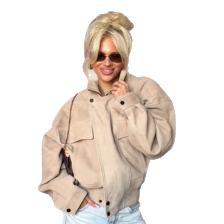 Damen Oversize Wildlederoptik Jacke mit Pattentaschen und Stehkragen Nord Taschen