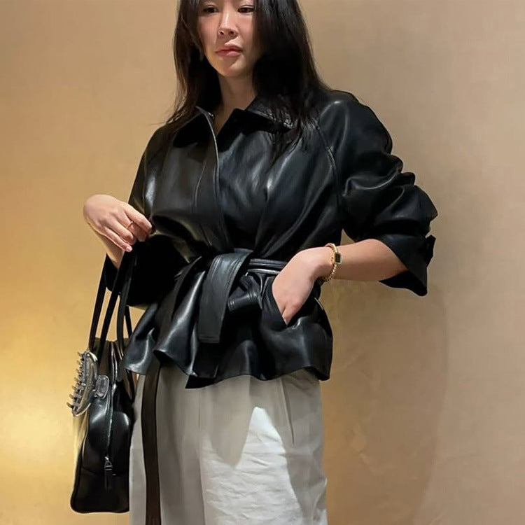Damen Taillierbare Kunstlederjacke mit Wickelgürtel und kastiger Silhouette Nord Taschen