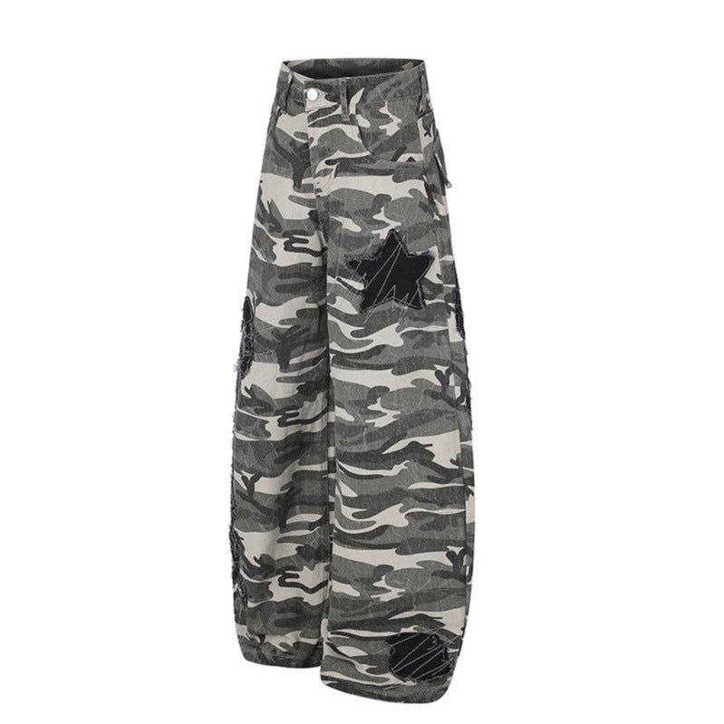 Damen Weite Camouflage‑Palazzo‑Hose mit Ballon‑Saum und dekorativen Stickdetails Nord Taschen