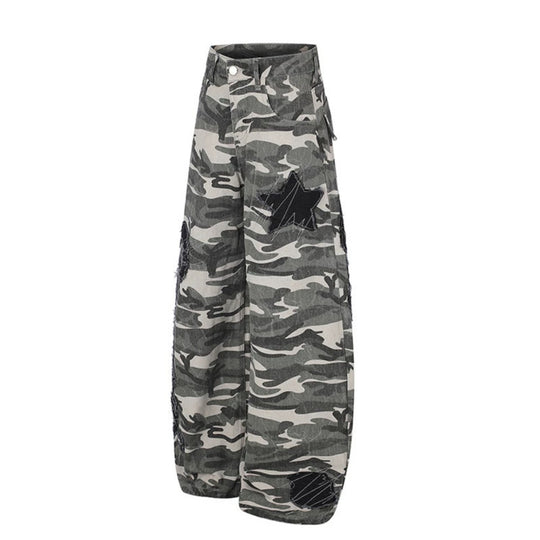 Damen Weite Camouflage‑Palazzo‑Hose mit Ballon‑Saum und dekorativen Stickdetails Nord Taschen