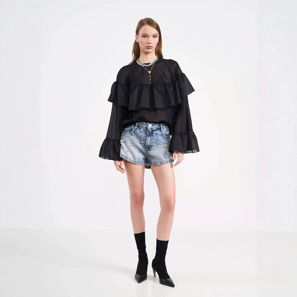 Damen Transparente Volantbluse mit doppelter Rüsche und Glockenärmeln Nord Taschen