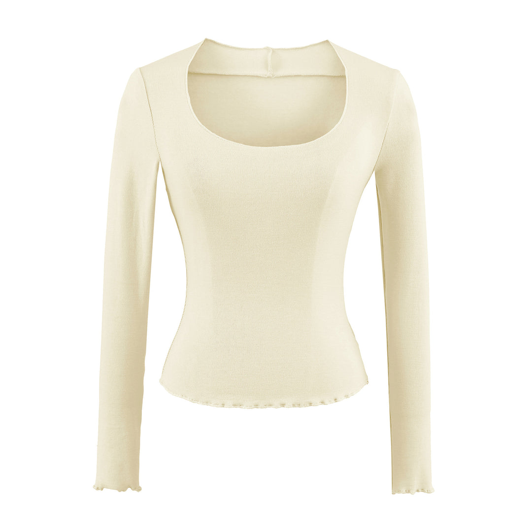 Damen Figurbetontes Langarm-Feinstrickshirt mit quadratischem Ausschnitt und Wellensaum Nord Taschen