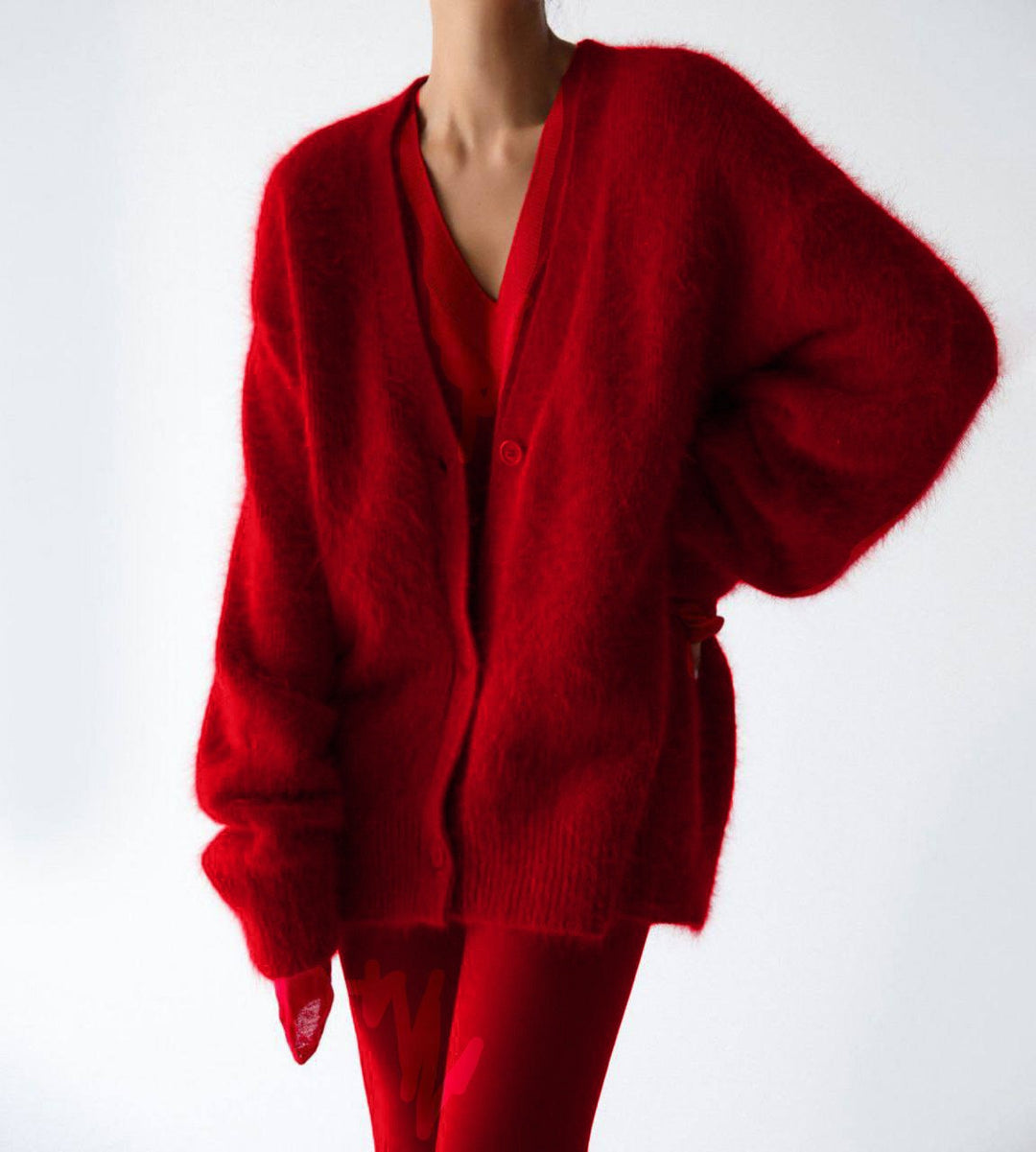 Damen Flauschige Mohair-Optik Strickjacke mit V-Ausschnitt und Oversize-Schnitt Nord Taschen
