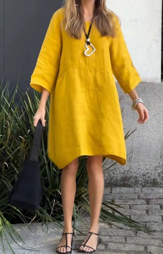 Damen lässiges Leinenkleid mit praktischen Taschen und asymmetrischem Saum