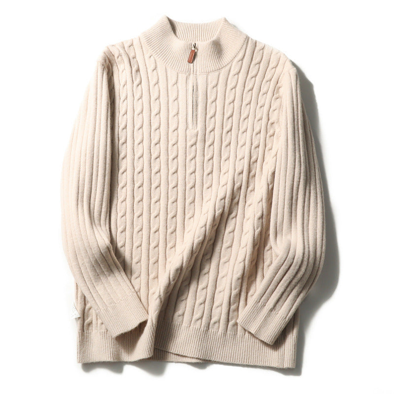 Herren Feinstrick-Pullover mit Zopfmuster und Halbzip-Stehkragen Nord Taschen
