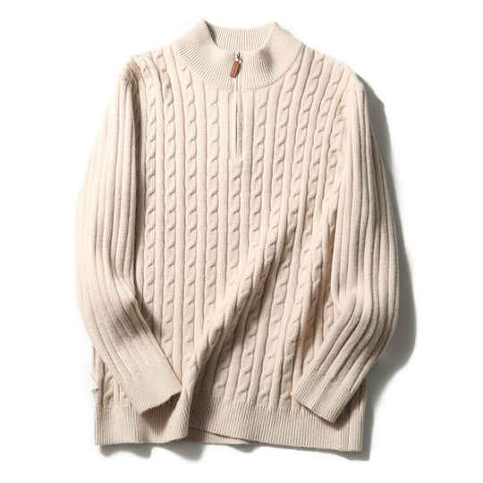 Herren Feinstrick-Pullover mit Zopfmuster und Halbzip-Stehkragen Nord Taschen