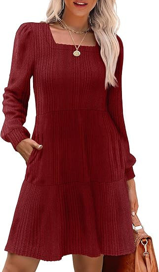 Damen Lässiges und elegantes Rippkleid mit langen Ärmeln Nord Taschen