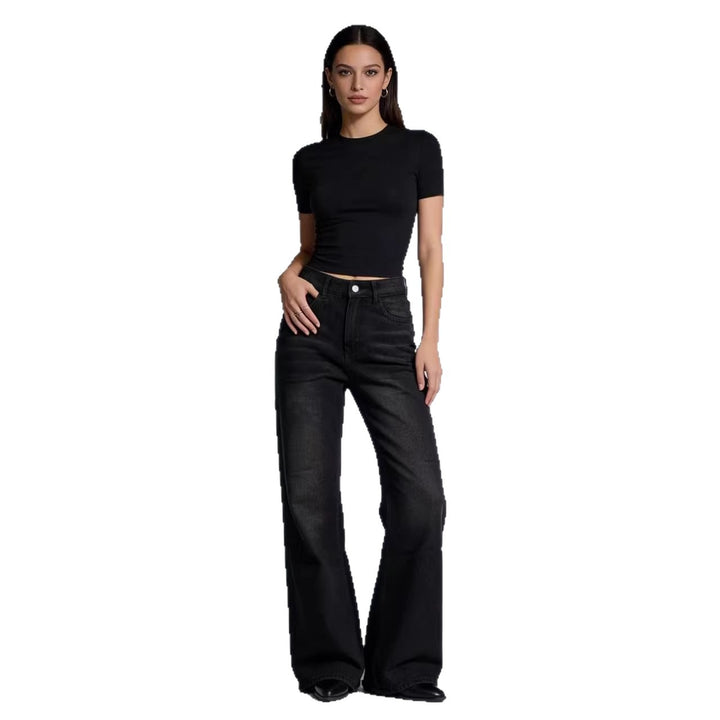 Damen hochgeschnittene Stretch-Flared-Jeans mit ausgefranstem Saum und taillierendem Five‑Pocket-Schnitt Nord Taschen