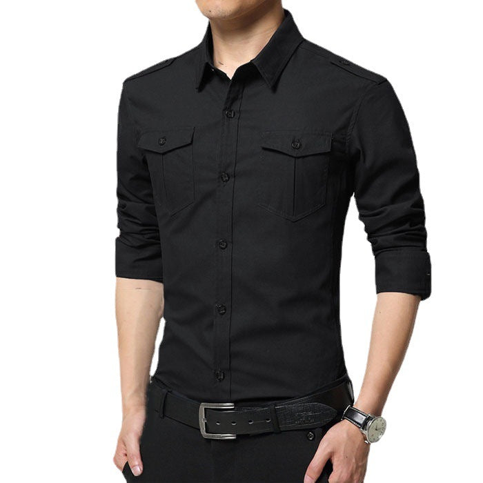 Herren Slim-Fit Baumwoll-Mix Utility-Hemd mit Schulterklappen und Brustpattentaschen Nord Taschen