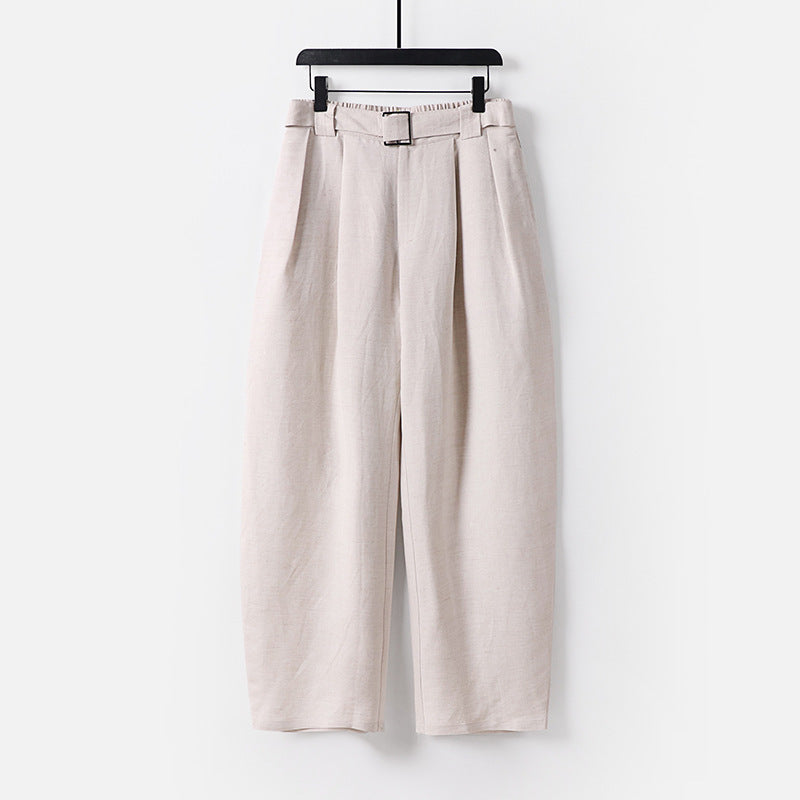 Damen Hochgeschnittene weite Leinenmix-Hose mit Bundfalten und Stoffgürtel Nord Taschen