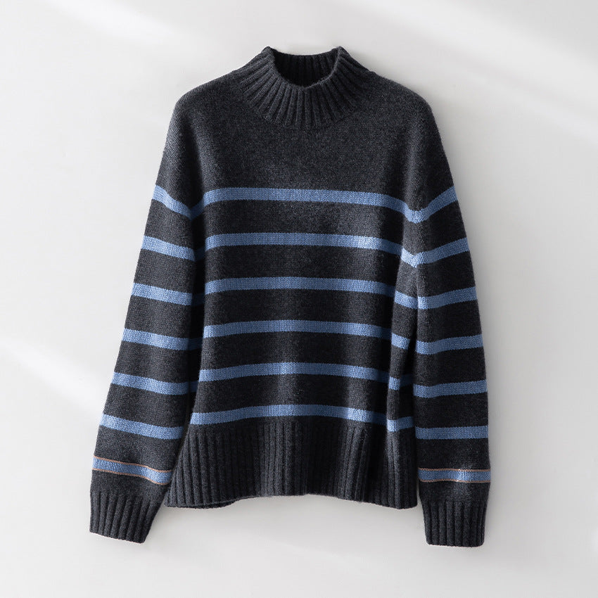 Damen Gestreifter Feinstrick-Pullover mit halbhohem Rippkragen und geripptem Saum Nord Taschen