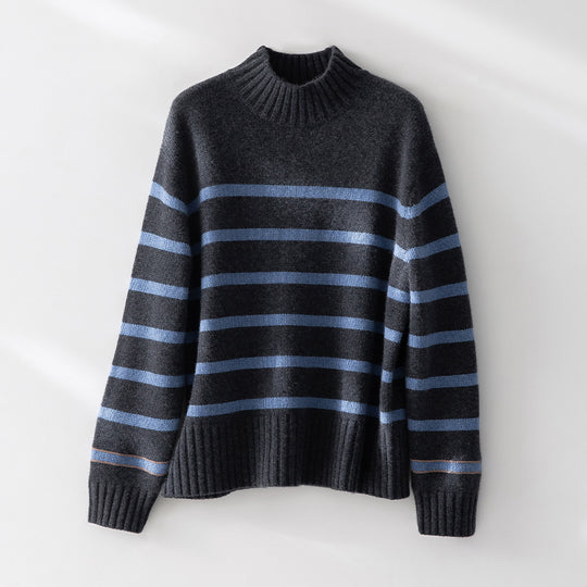 Damen Gestreifter Feinstrick-Pullover mit halbhohem Rippkragen und geripptem Saum Nord Taschen