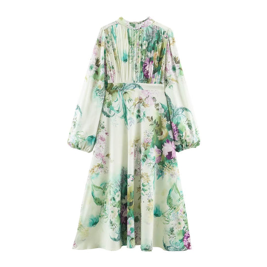 Damen Midikleid mit plissiertem Oberteil, Glockenärmeln und floraler A‑Linie Nord Taschen