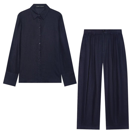 Damen Zweiteiliges Satin-Set mit weichem Oversized-Hemd und hochgeschnittener Palazzo-Hose Nord Taschen