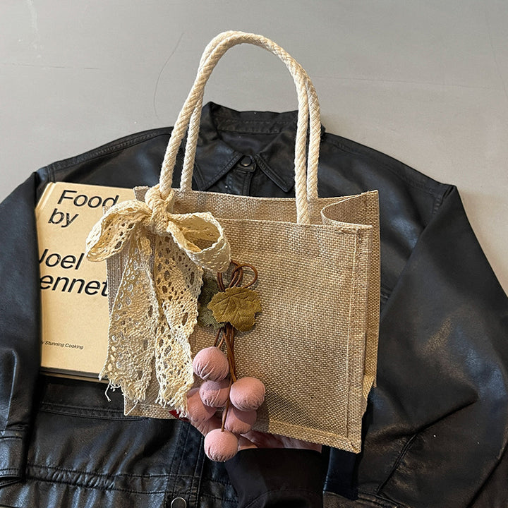 Damen Jute-Tasche mit dekorativem Spitzenband und verspielter Applikation Nord Taschen
