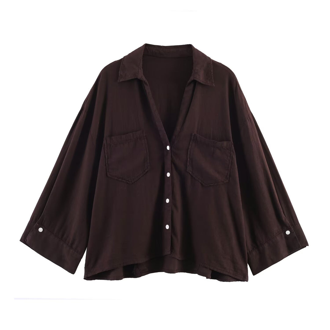 Damen Oversize-Hemdbluse mit großen Brusttaschen, überschnittener Schulter und High‑Low‑Saum Nord Taschen
