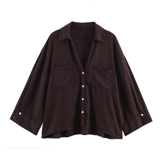 Damen Oversize-Hemdbluse mit großen Brusttaschen, überschnittener Schulter und High‑Low‑Saum Nord Taschen