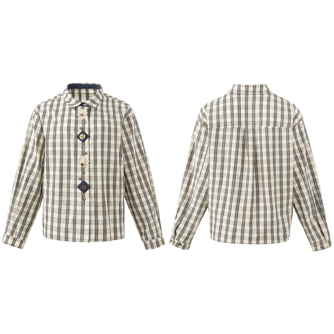 Damen Locker geschnittene Bluse im Vintage‑Karo mit dekorativer Zierknopfleiste Nord Taschen