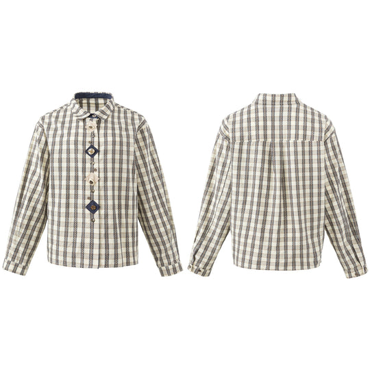 Damen Locker geschnittene Bluse im Vintage‑Karo mit dekorativer Zierknopfleiste Nord Taschen