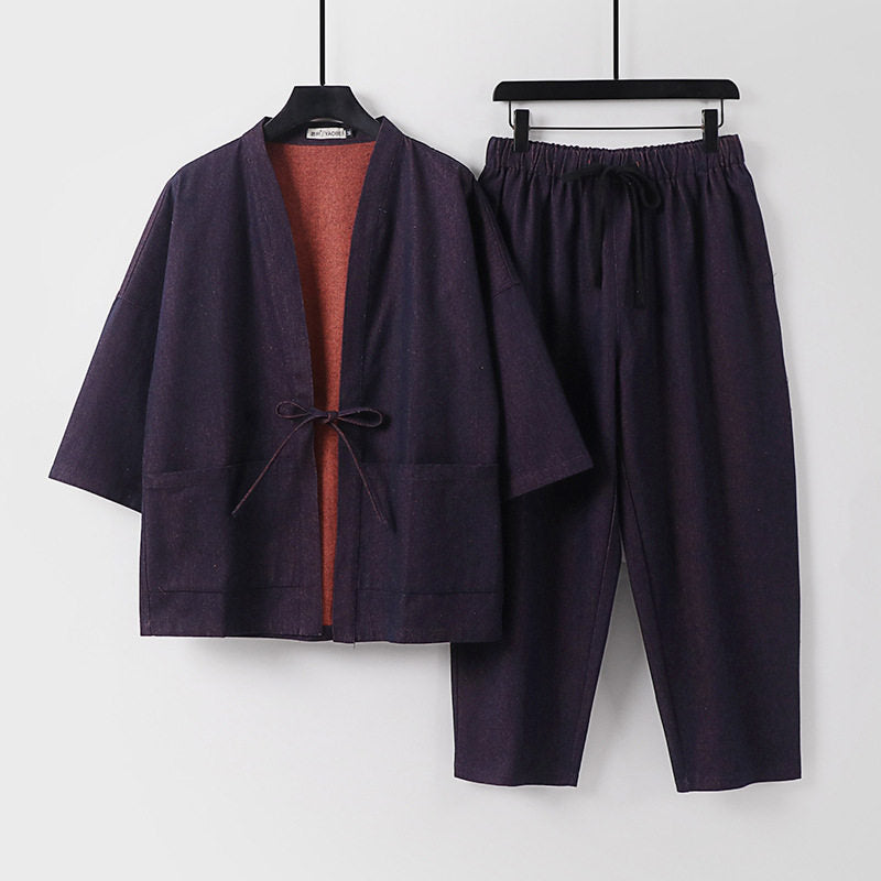 Unisex Lässiges Denim-Kimono-Set mit kurzarm Jacke, Bindeband und elastischer Bundhose Nord Taschen