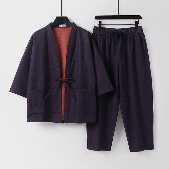 Unisex Lässiges Denim-Kimono-Set mit kurzarm Jacke, Bindeband und elastischer Bundhose Nord Taschen