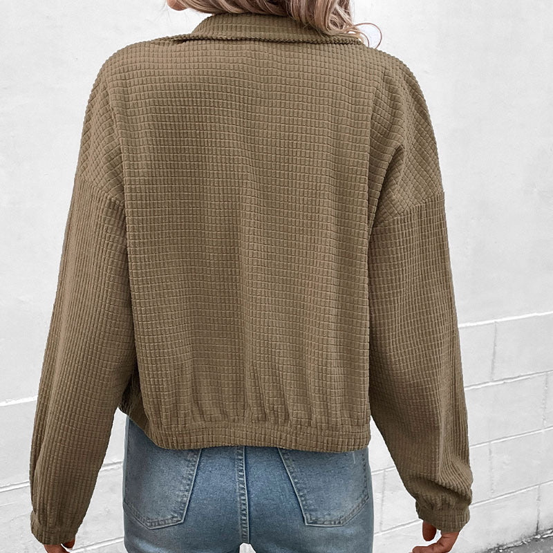 Damen Kurzgeschnittene Waffelstruktur-Übergangsjacke mit Reißverschluss, Stehkragen und elastischen Bündchen Nord Taschen