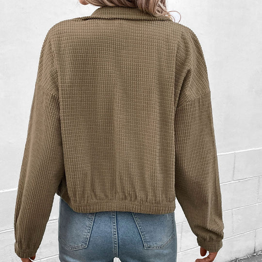 Damen Kurzgeschnittene Waffelstruktur-Übergangsjacke mit Reißverschluss, Stehkragen und elastischen Bündchen Nord Taschen