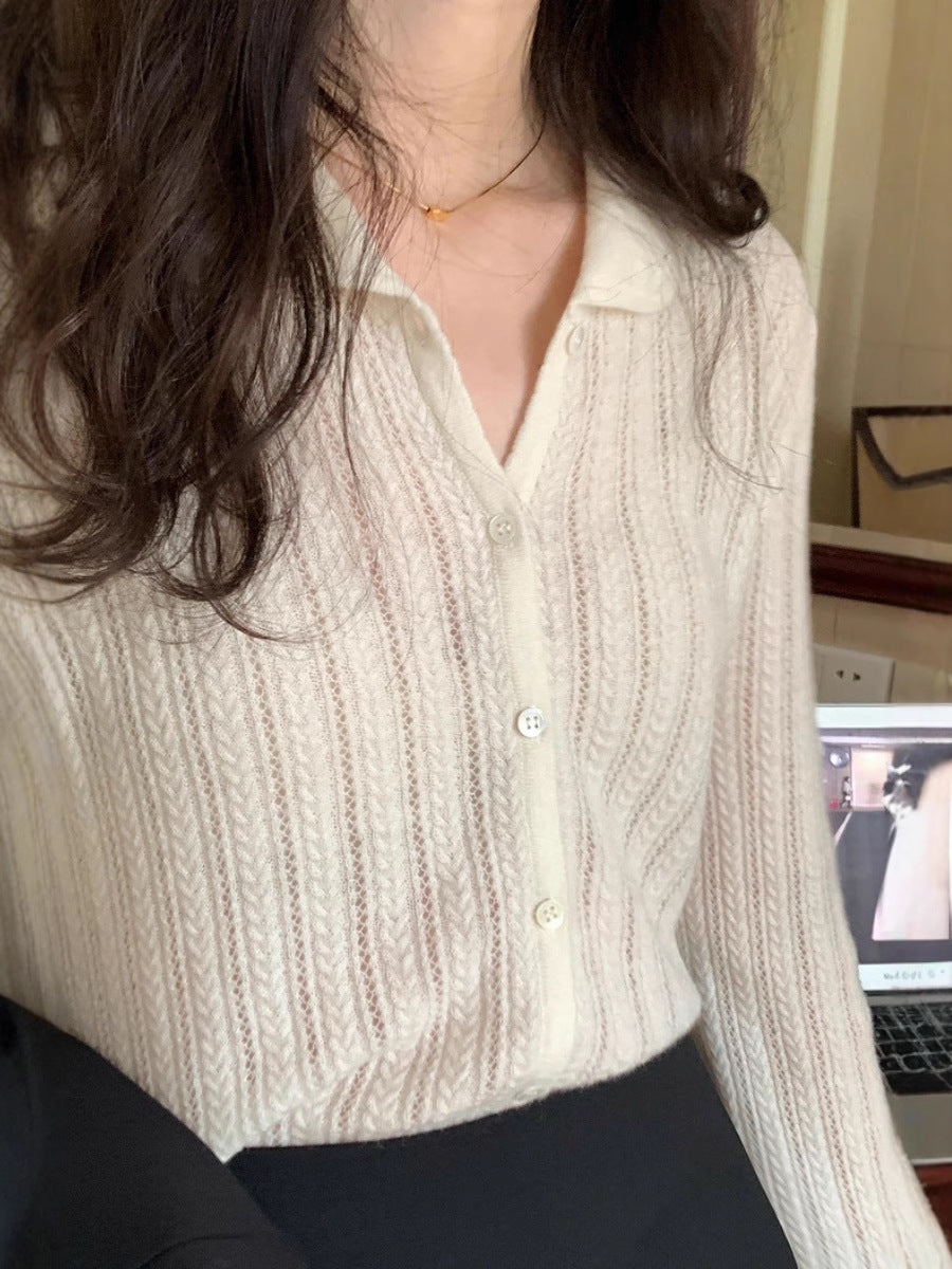 Damen Leichter Ajourstrick-Knopfccardigan mit Hemdkragen und feiner Zopfmusterstruktur Nord Taschen