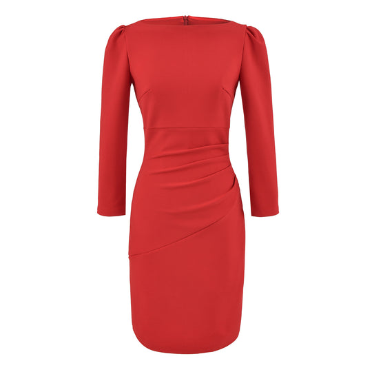 Damen Figurbetontes Midikleid mit geraffter Wickeloptik und langen Ärmeln Nord Taschen