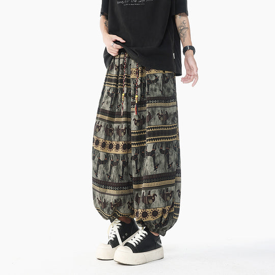 Damen Weite Boho-Haremshose aus Baumwollmix mit elastischem Bund und Ethno-Print Nord Taschen