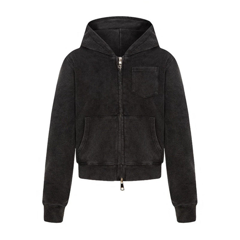 Damen Kurz geschnittene Kapuzen-Zipjacke aus garment-dyed Baumwollfleece mit Brusttasche Nord Taschen