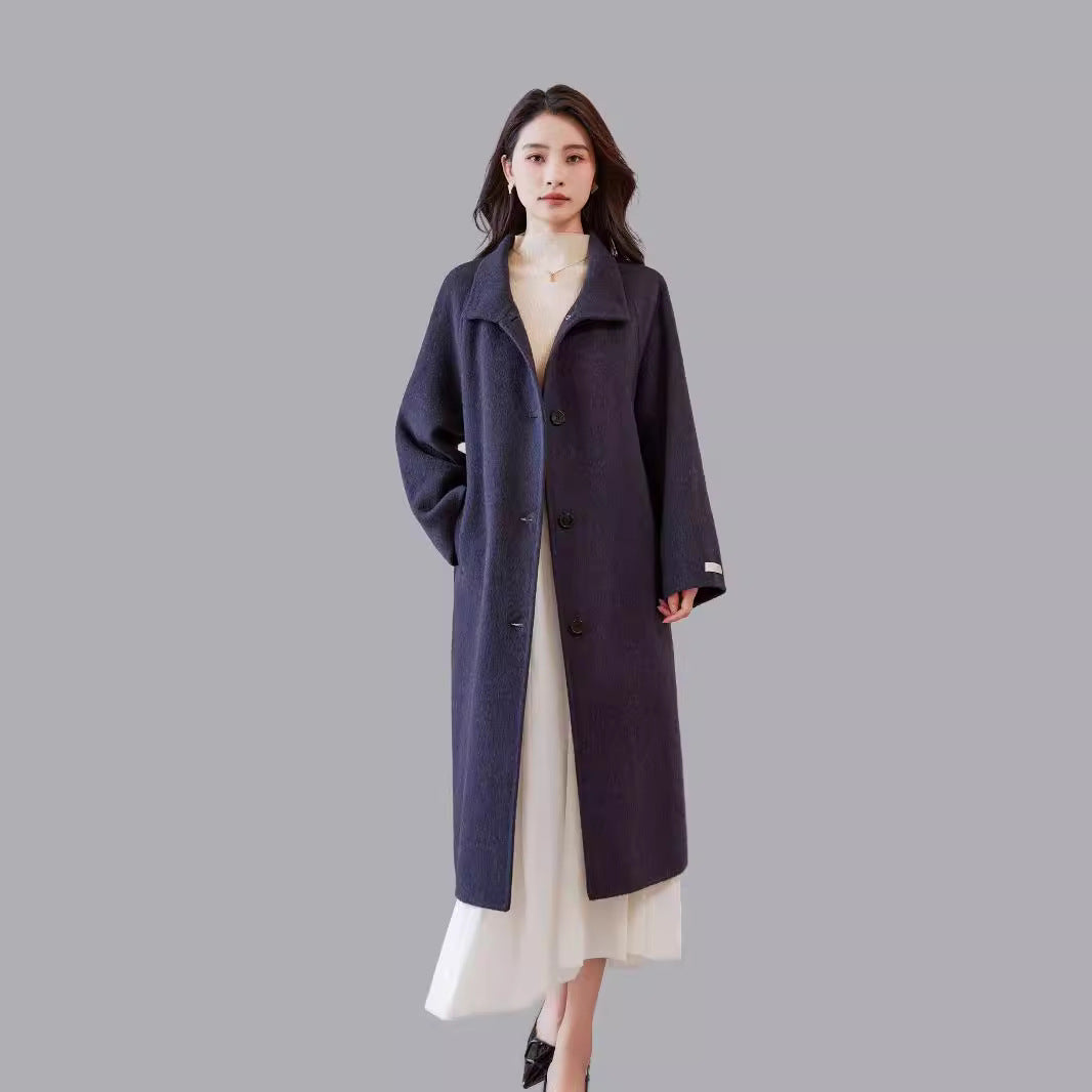 Damen Oversize Wollmantel mit Stehkragen und Taillengürtel Nord Taschen