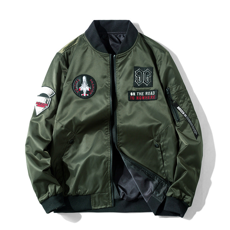 Men's  pilot-style embroidered patch utility bomber jacket with angled welt pockets and zip sleeve pocket Nord Taschen