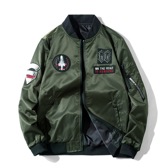 Men's  pilot-style embroidered patch utility bomber jacket with angled welt pockets and zip sleeve pocket Nord Taschen