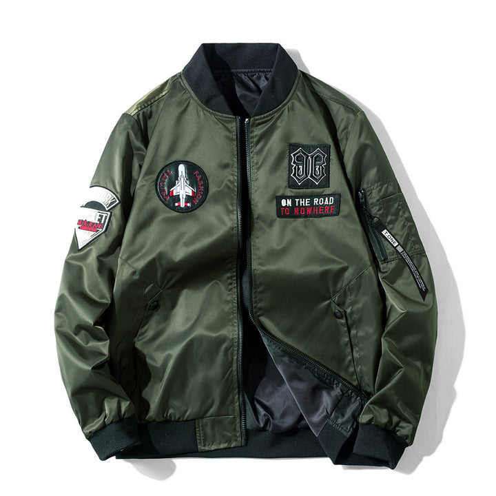Men's  pilot-style embroidered patch utility bomber jacket with angled welt pockets and zip sleeve pocket Nord Taschen