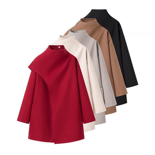 Damen Asymmetrischer Wollmix-Mantel mit Cape-Überwurf und Stehkragen Nord Taschen