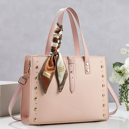 Damen elegante Tote-Handtasche mit goldenen Nieten und modischem Schal Nord Taschen