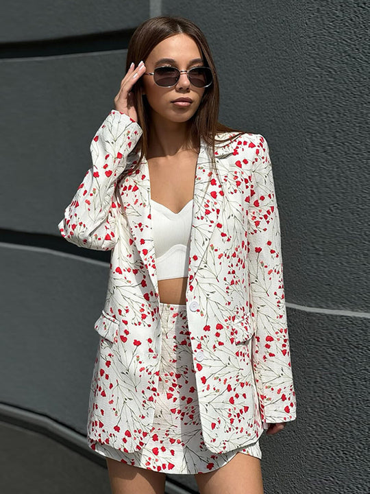 Damen Florales Blazer- und Minirock-Set aus strukturierter Baumwollmischung Nord Taschen