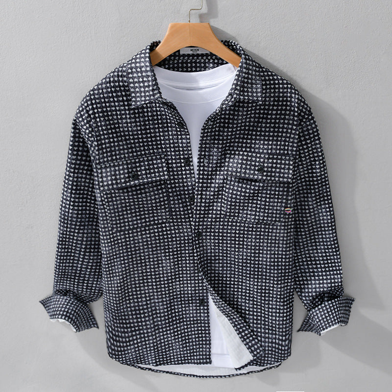 Herren Hemdjacke-Overshirt aus Baumwollmix mit Miniherz-Alloverprint und Brusttaschen Nord Taschen