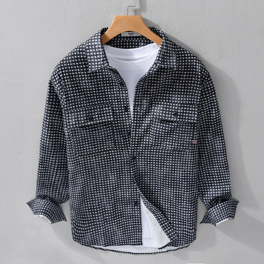 Herren Hemdjacke-Overshirt aus Baumwollmix mit Miniherz-Alloverprint und Brusttaschen Nord Taschen
