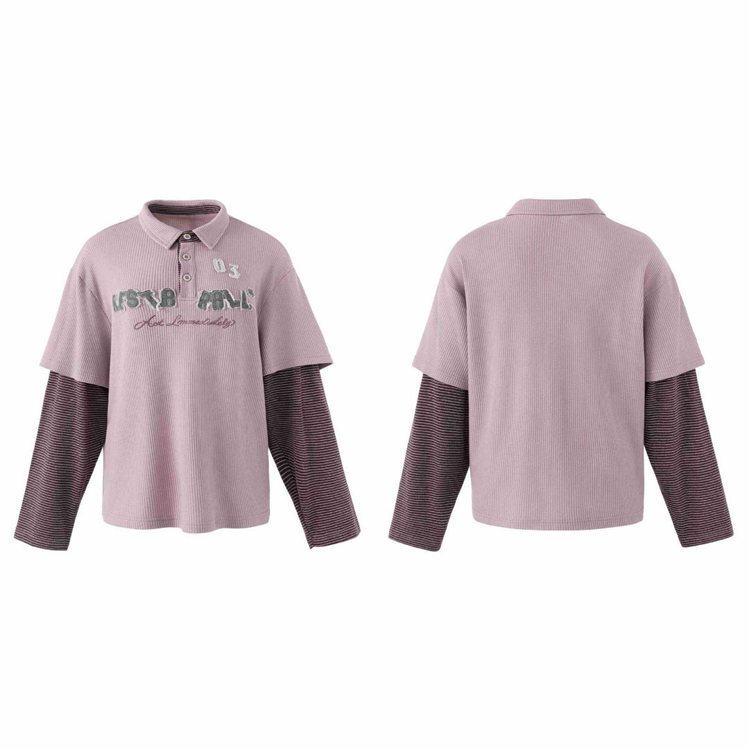 Damen Lässiges Layered-Polo-Shirt mit Rippenstruktur und gestreiften Einsatzärmeln Nord Taschen
