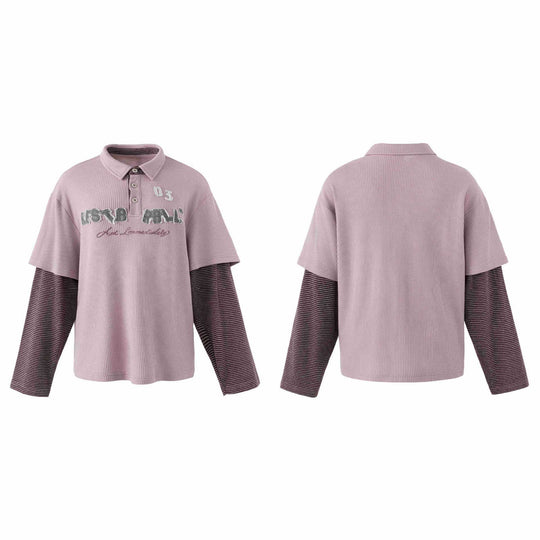 Damen Lässiges Layered-Polo-Shirt mit Rippenstruktur und gestreiften Einsatzärmeln Nord Taschen