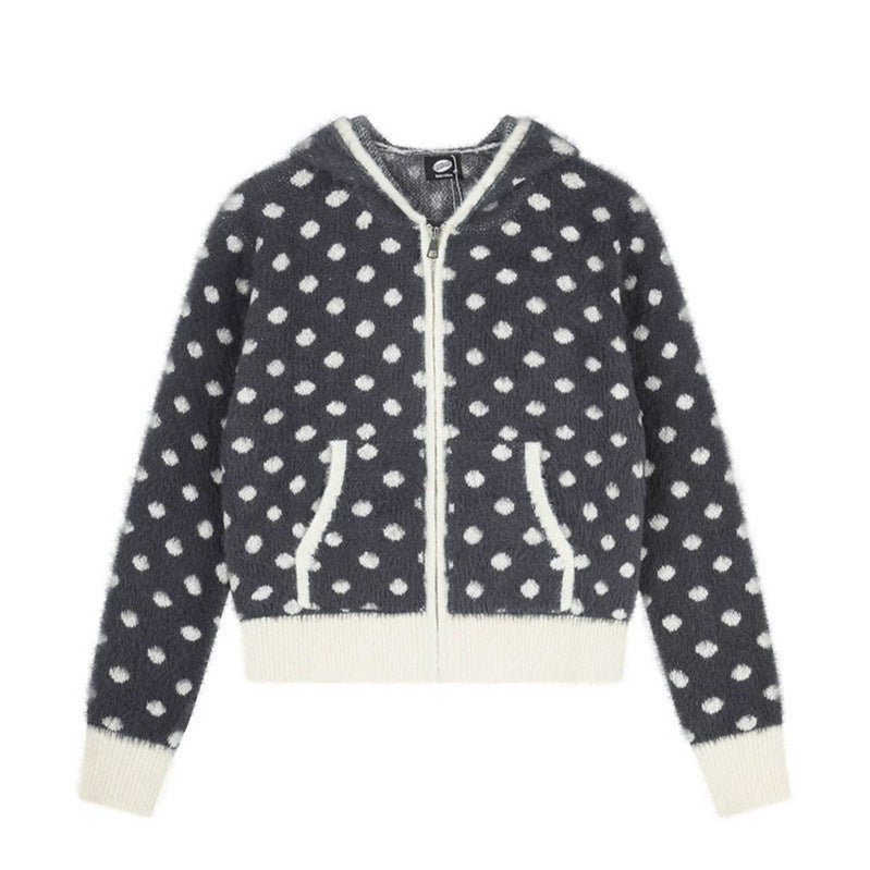 Damen Flauschige Kapuzen‑Zipjacke mit Polka‑Dot‑Jacquard und Eingrifftaschen Nord Taschen