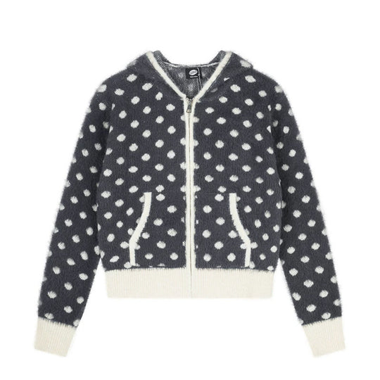 Damen Flauschige Kapuzen‑Zipjacke mit Polka‑Dot‑Jacquard und Eingrifftaschen Nord Taschen