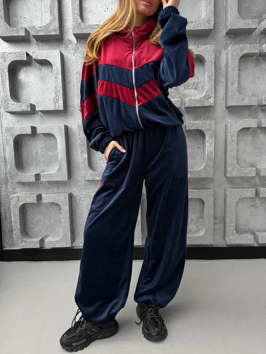 Damen Retro-inspiriertes Samt-Trackset mit Chevron-Design, Stehkragen und weiter High-Waist-Jogger Nord Taschen
