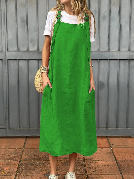 Damen lässiges Leinenkleid mit praktischen Taschen und verstellbaren Trägern