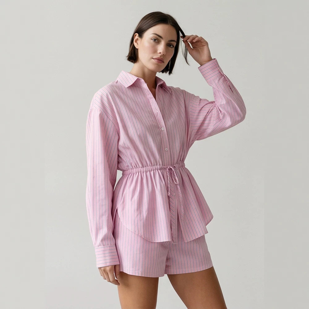 Damen Gestreiftes Loungewear-Set aus Leichtbaumwolle mit Kordel-Taille & Shorts Nord Taschen