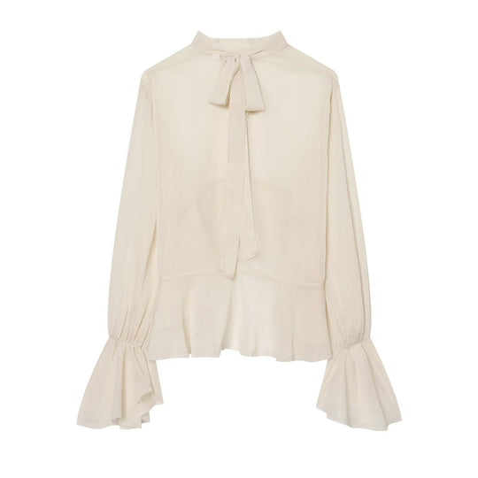 Damen Asymmetrische Volant-Bluse mit hohem Vorderteil, tiefem Rückteil und Trompetenärmeln Nord Taschen