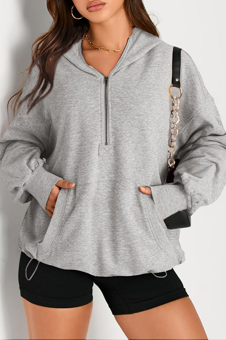 Damen Oversize-Halbreißverschluss-Kapuzenpullover mit Kängurutasche Nord Taschen