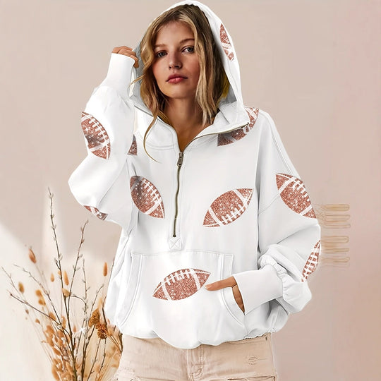 Damen Oversized Kapuzenpullover mit halbem Reißverschluss und Pailletten‑Football-Applikation Nord Taschen